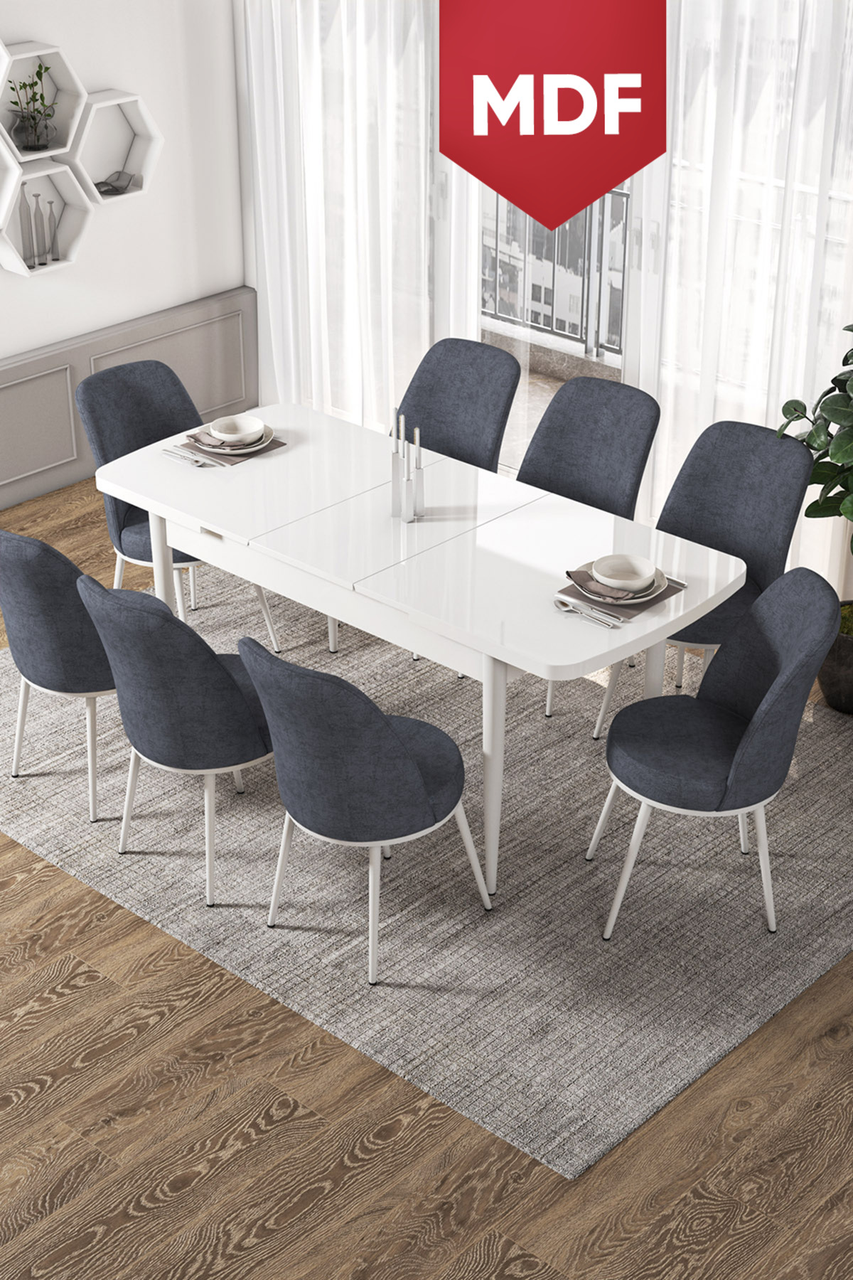 Via Series MDF 80x132 Openable Kitchen Table Set White Table 8 Smoked Chairs