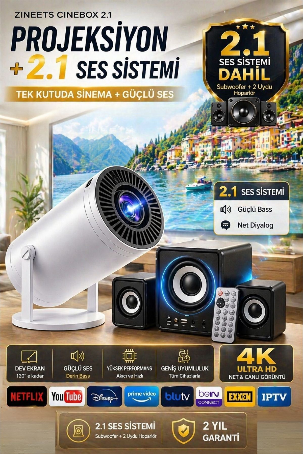 Portable Android Projection + Sound System Smart Cinema Projector Ultra Hd With Wifi Support