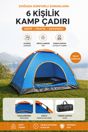 Onetick 6 Kişilik Renkli Dayanıklı Kamp Çadırı 220x250x150
