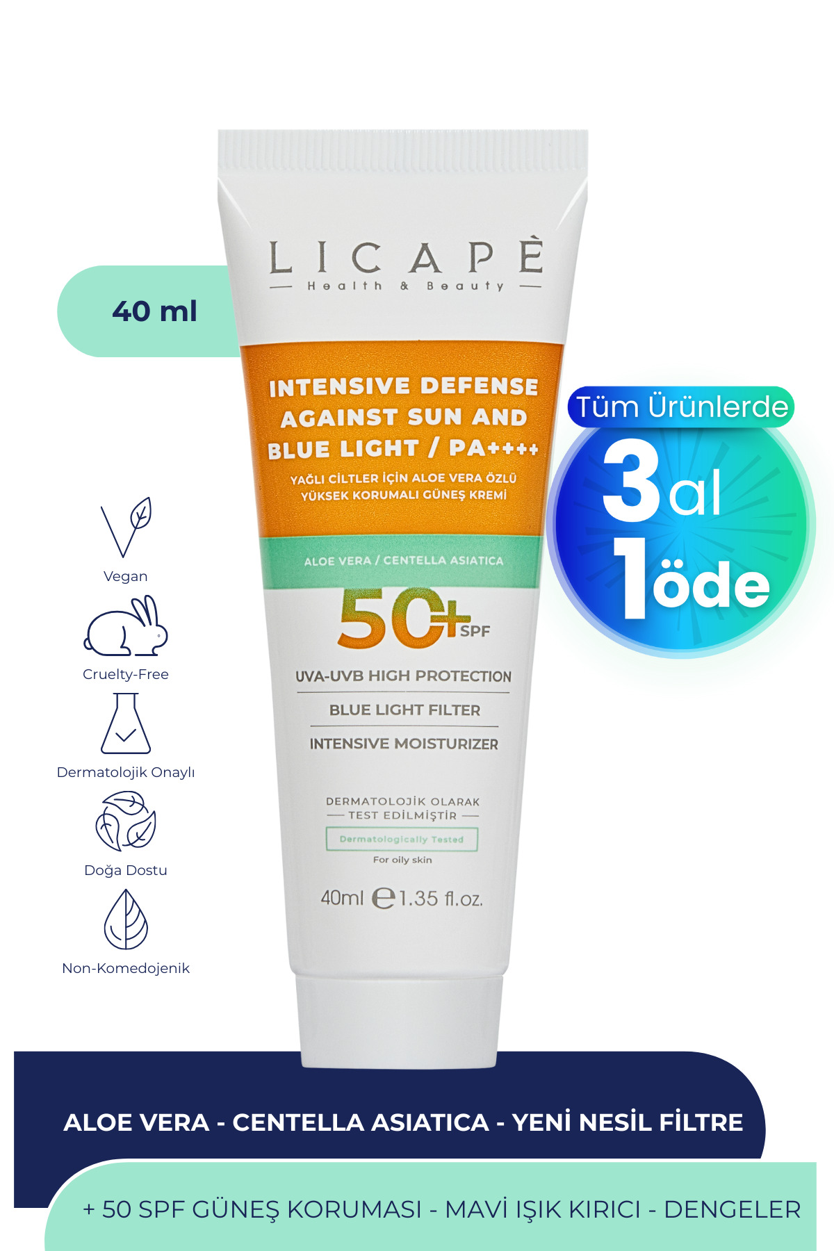 Licape Yağlı Ciltler İçin Aloe Vera Özlü Yüksek Korumalı +50 Faktör Güneş Kremi 40ml — 255788