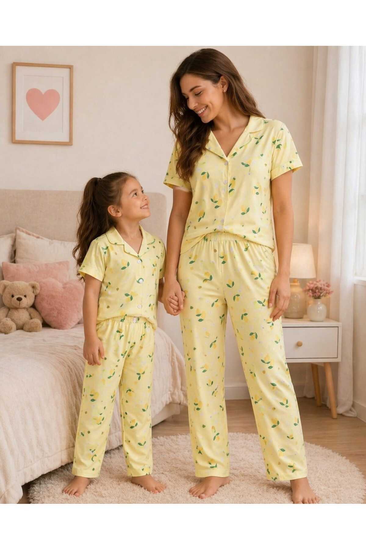 ARN HOMEWEAR Lemon Patterned Mother-Daughter Combination Milan Pajama Set (Price Is for One Set)