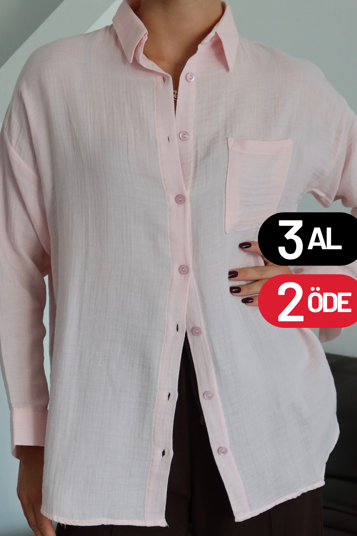 Women's Oversized Basic Muslin Shirt with Pockets 3079