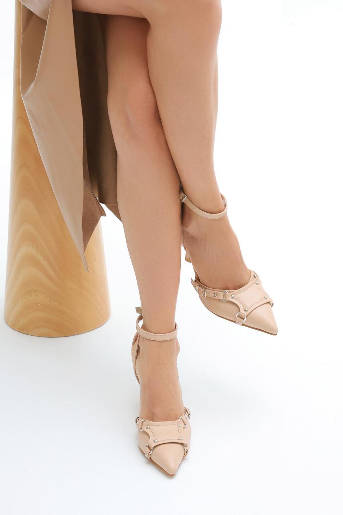 Women's Tan Recta Square Buckle Ankle Band Pointed Toe Leather Evening Shoes 9.5cm BYNDVERKATO