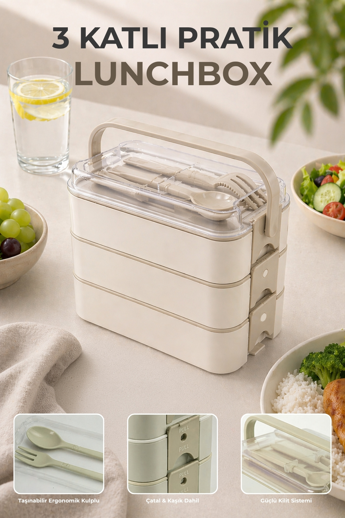 3-Tier Compartment Lunchbox - Locked - Carrying Handle - Spoon & Fork Included