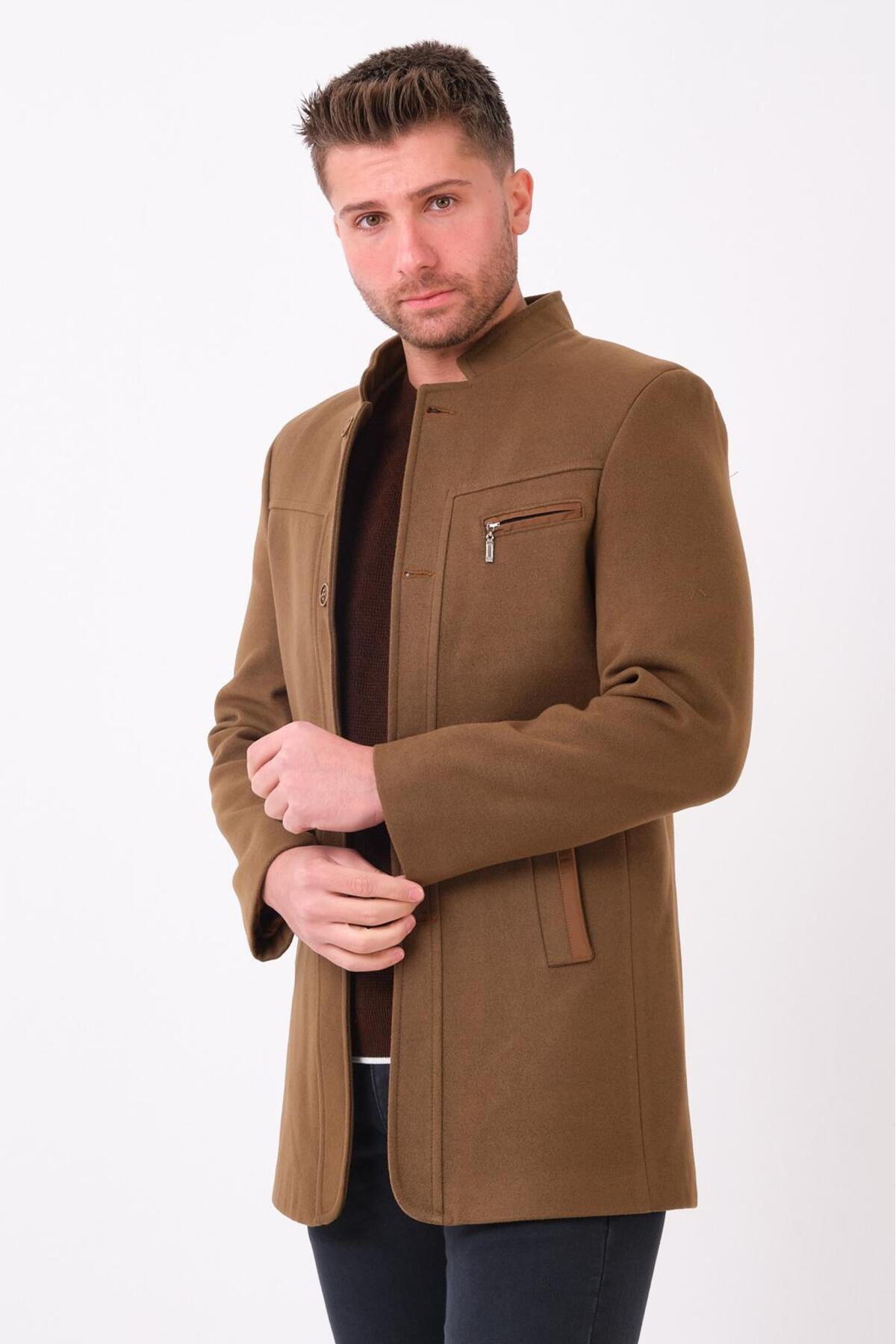 Ezel Dik Yaka cep düğmeli Slim fit Erkek Kaşe Kaban 36-28 — قهوه‌ای 51013032 — تصویر 3 از 5