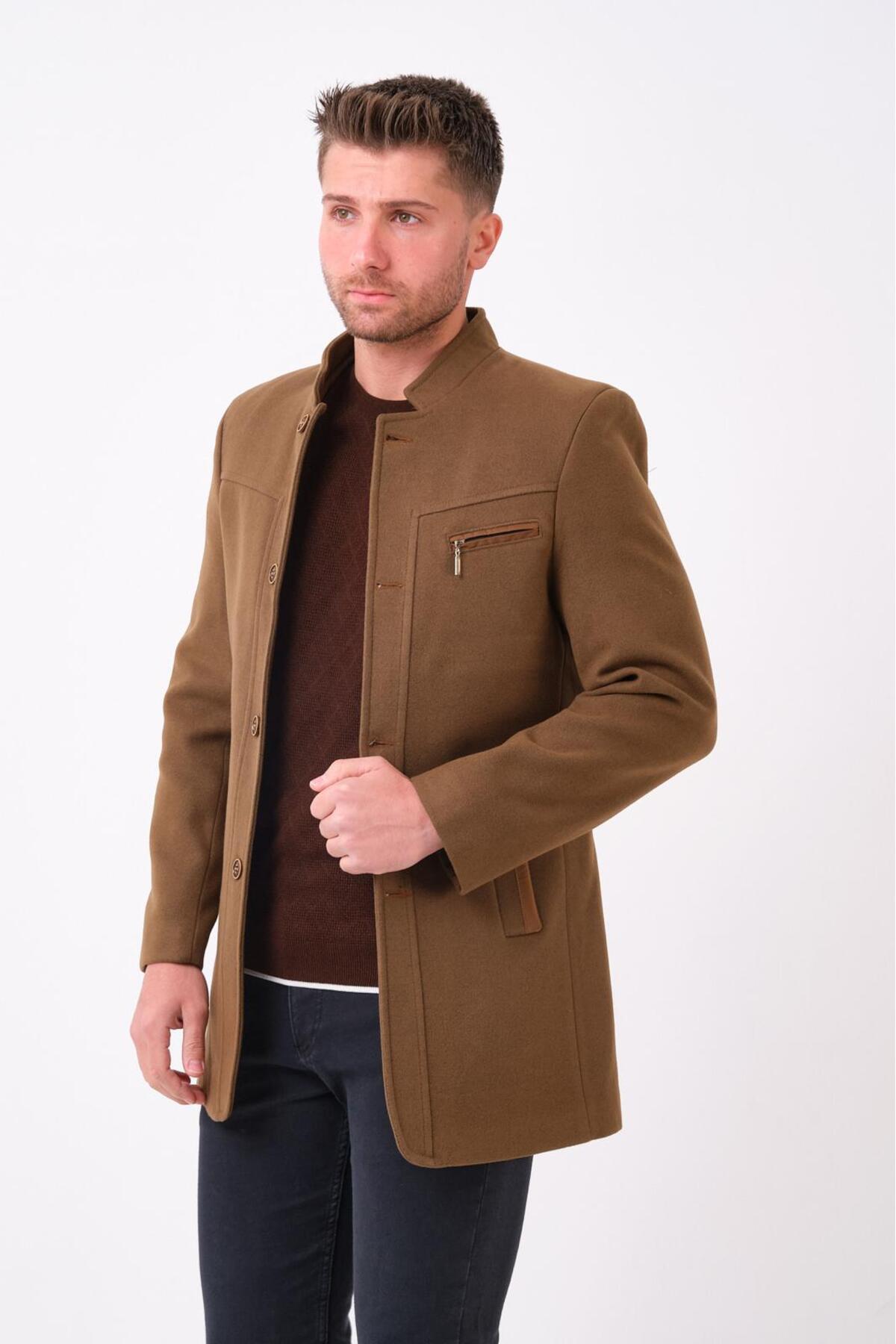 Ezel Dik Yaka cep düğmeli Slim fit Erkek Kaşe Kaban 36-28 — قهوه‌ای 51013032 — تصویر 2 از 5