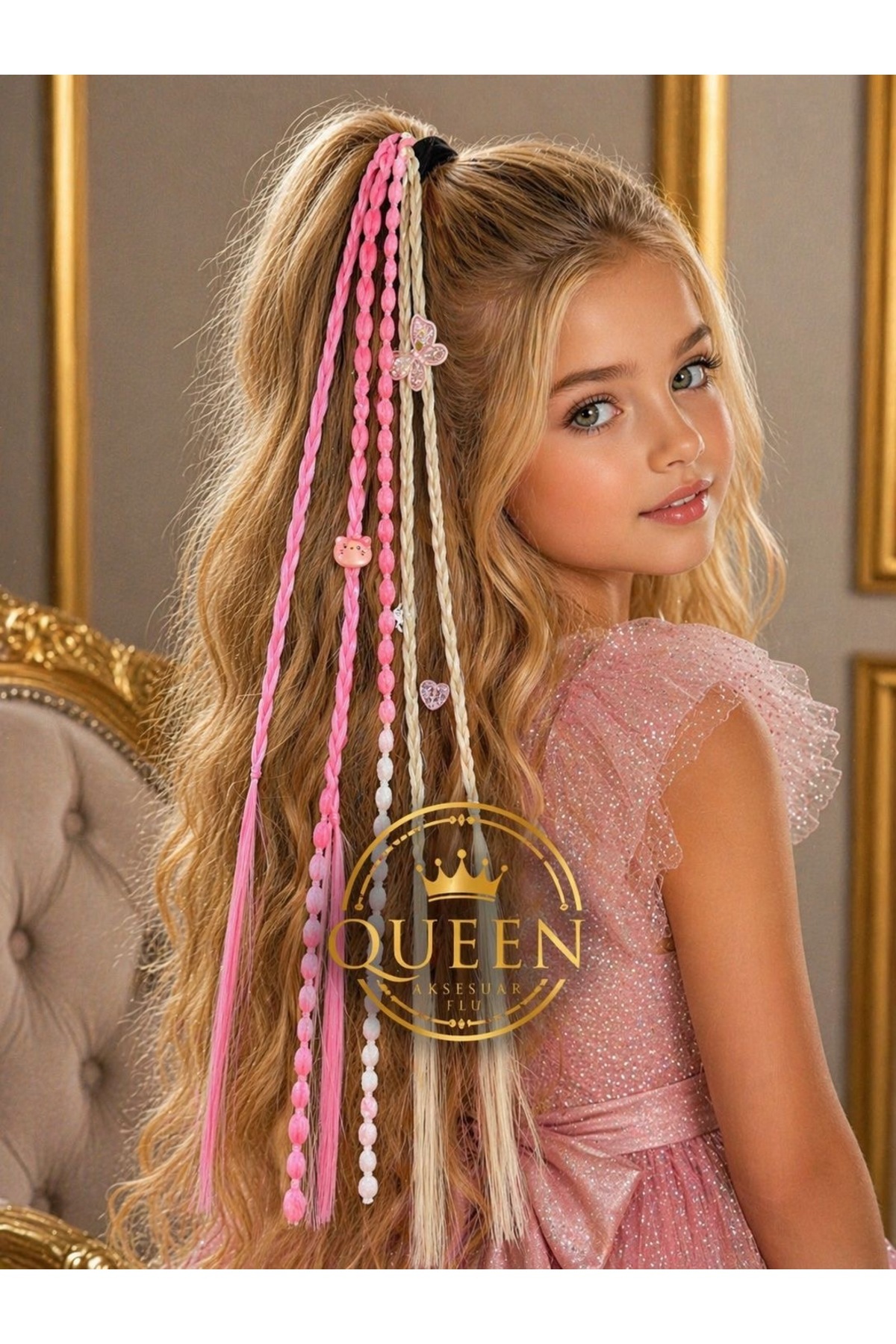 Colorful sequin ornamented 6 pieces double color braided bubble pendant children 'S hair elastic buckle pink cream white