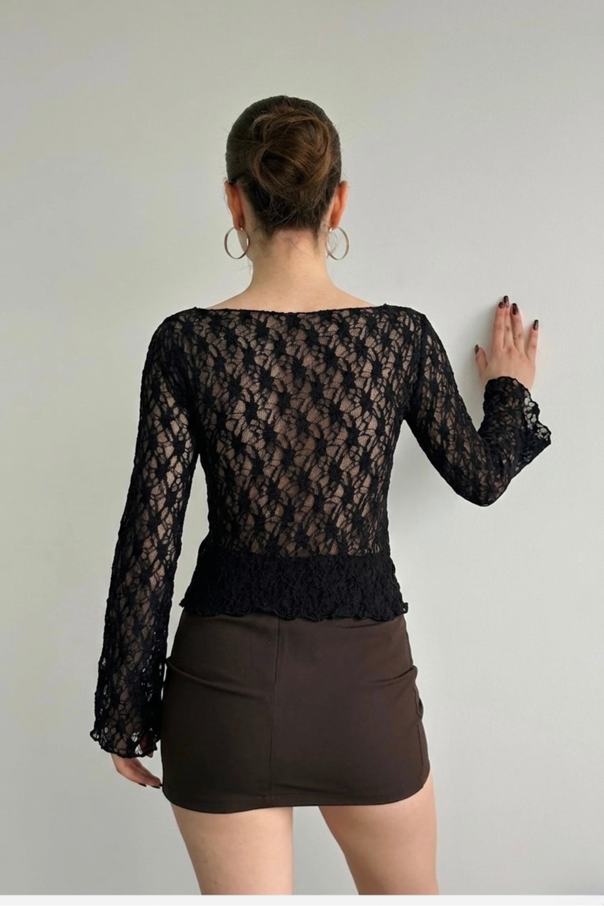 ModaYaren Kadın Kayık Yaka Dantelli Trompet Kol Bluz -3RTM-88105 görsel 4