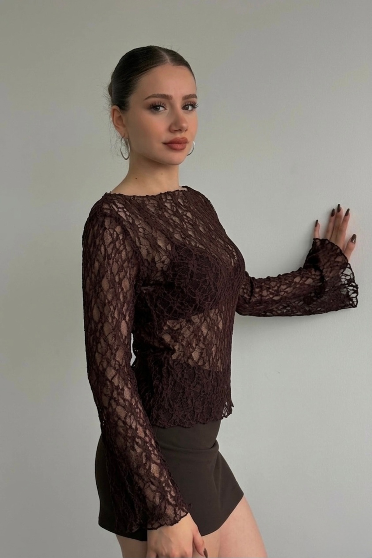 ModaYaren Kadın Kayık Yaka Dantelli Trompet Kol Bluz -3RTM-88105 görsel 3