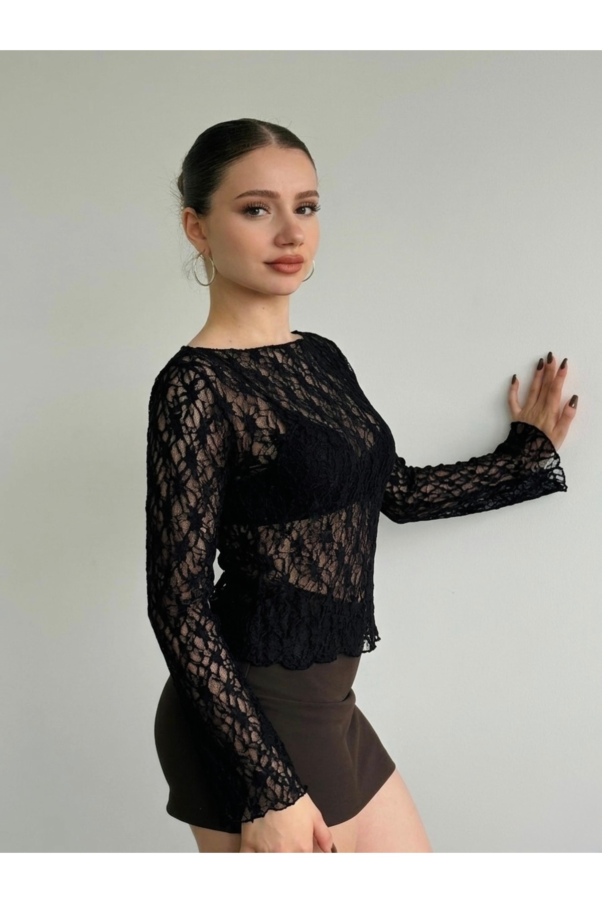 ModaYaren Kadın Kayık Yaka Dantelli Trompet Kol Bluz -3RTM-88105 görsel 2
