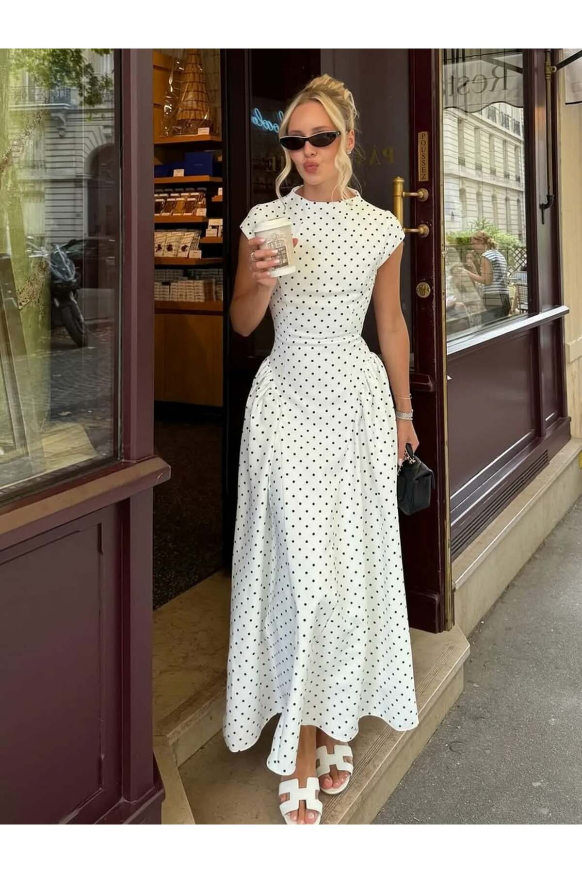 VESS MODA Lycra Waist-Fitted Polka Dot Long Dress