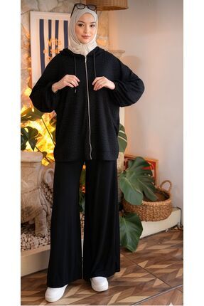 İmajButik SİYAH Taşlı Tunik Pantolonlu Modal Takım