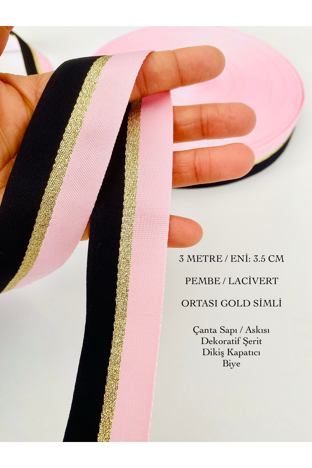 3 Meter Width 3.5 Cm Pink, Navy Blue Middle Gold Silvery Bag Hanger, Piping, Seam Closer, Decorative Ribbon