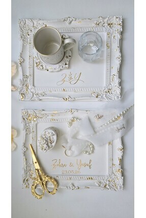 AmoreDesign Vintage Gold Varaklı Nişan Tepsi Seti, Nişan Tepsisi, Söz Tepsisi...