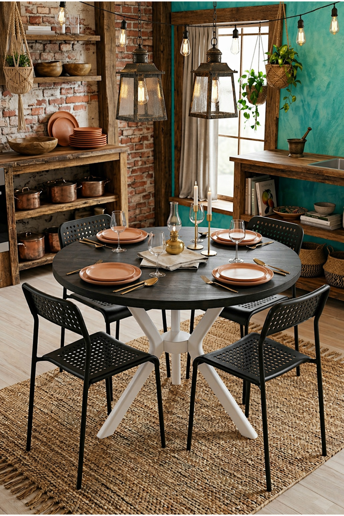 Black 4 Seater Kitchen Table Set Round Table Dining Table Kitchen Table Chair Set 4 Chairs 1 Table