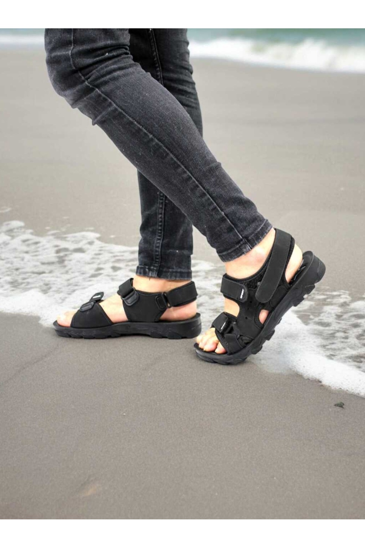 Men's Outdoor Sandals Anatomical Stitched Comfortable Sole with Velcro Daily Summer Trekking Black Sandals