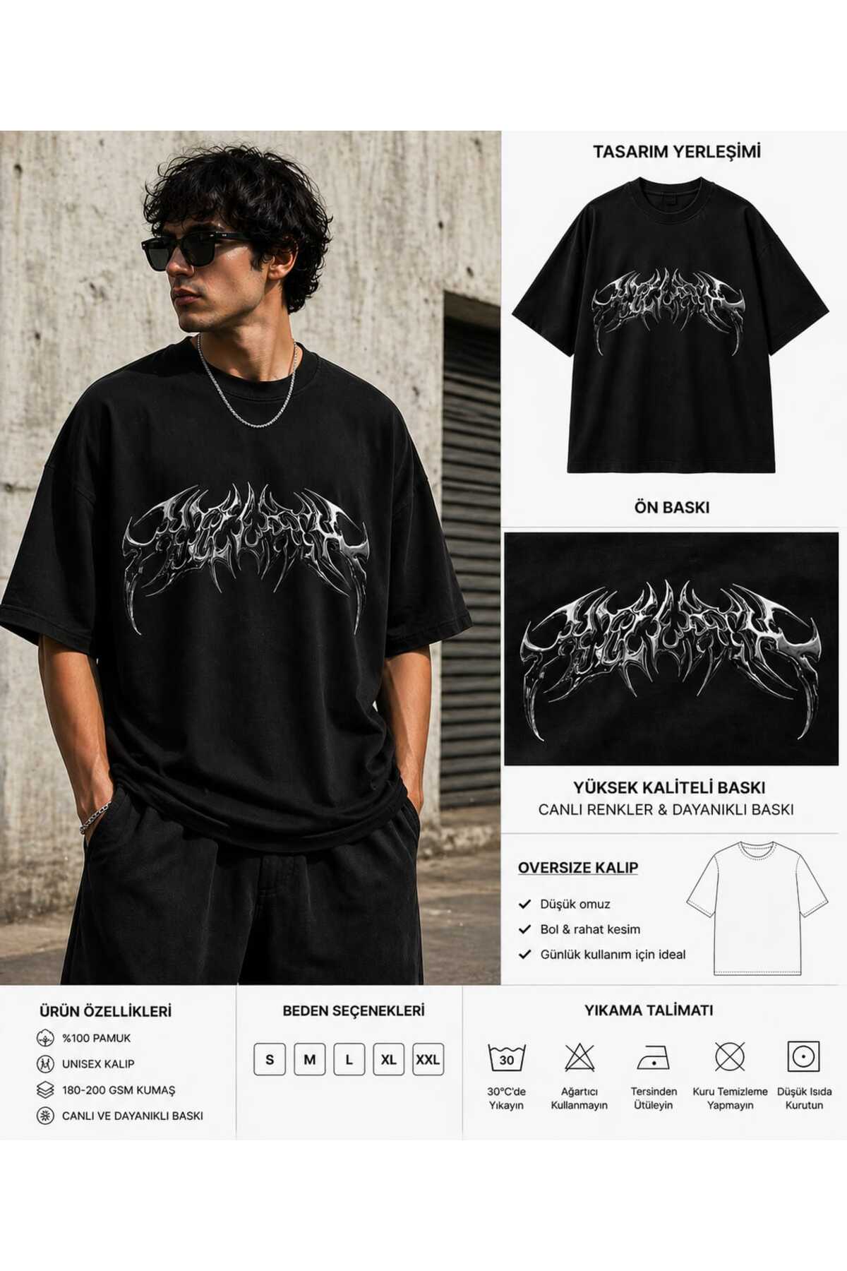 YASKA Oversize Gothic Desen Tişört – %100 Pamuk Unisex Streetwear