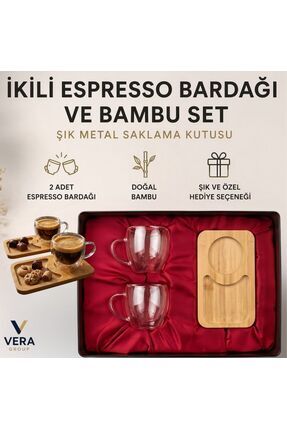 VeraGlobe Çift Cidarlı Espresso Kahve Bardağı Seti (2’li) – Bambu Altlık Sunu...