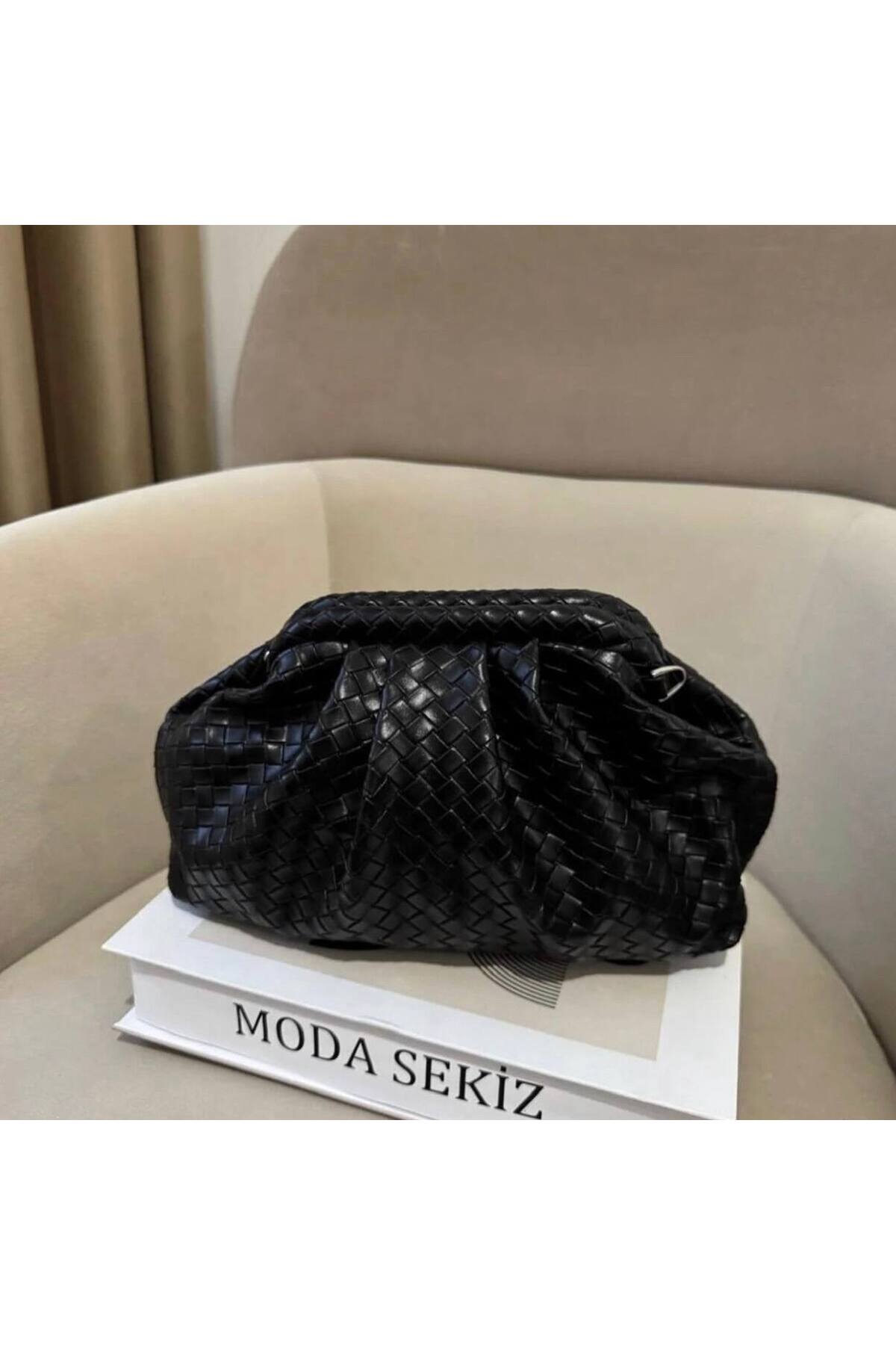 Siyah GETTOV BURSLU Örgü Detay Deri El ve Omuz Kadın Çantası görünüm 5