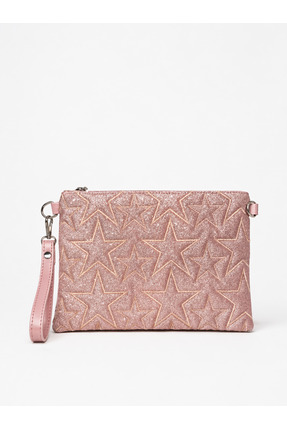 dericom Yıldız Desenli Pembe Simli Kadın Portföy Clutch Çanta