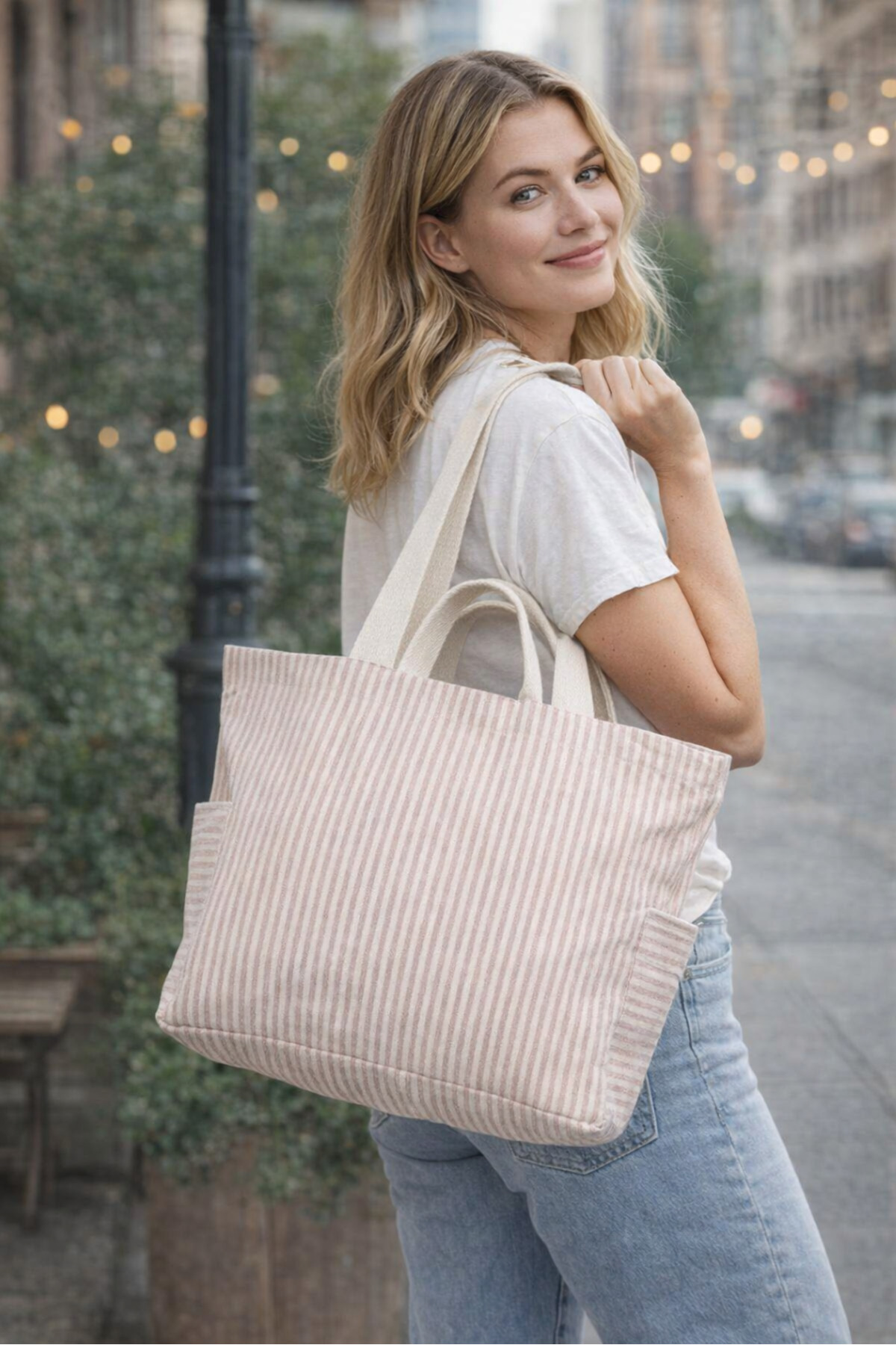 %70 Cotton %30 Polyester Double Handle Striped 50*42 Size Cotton Lightweight Women Bag Beach Bag