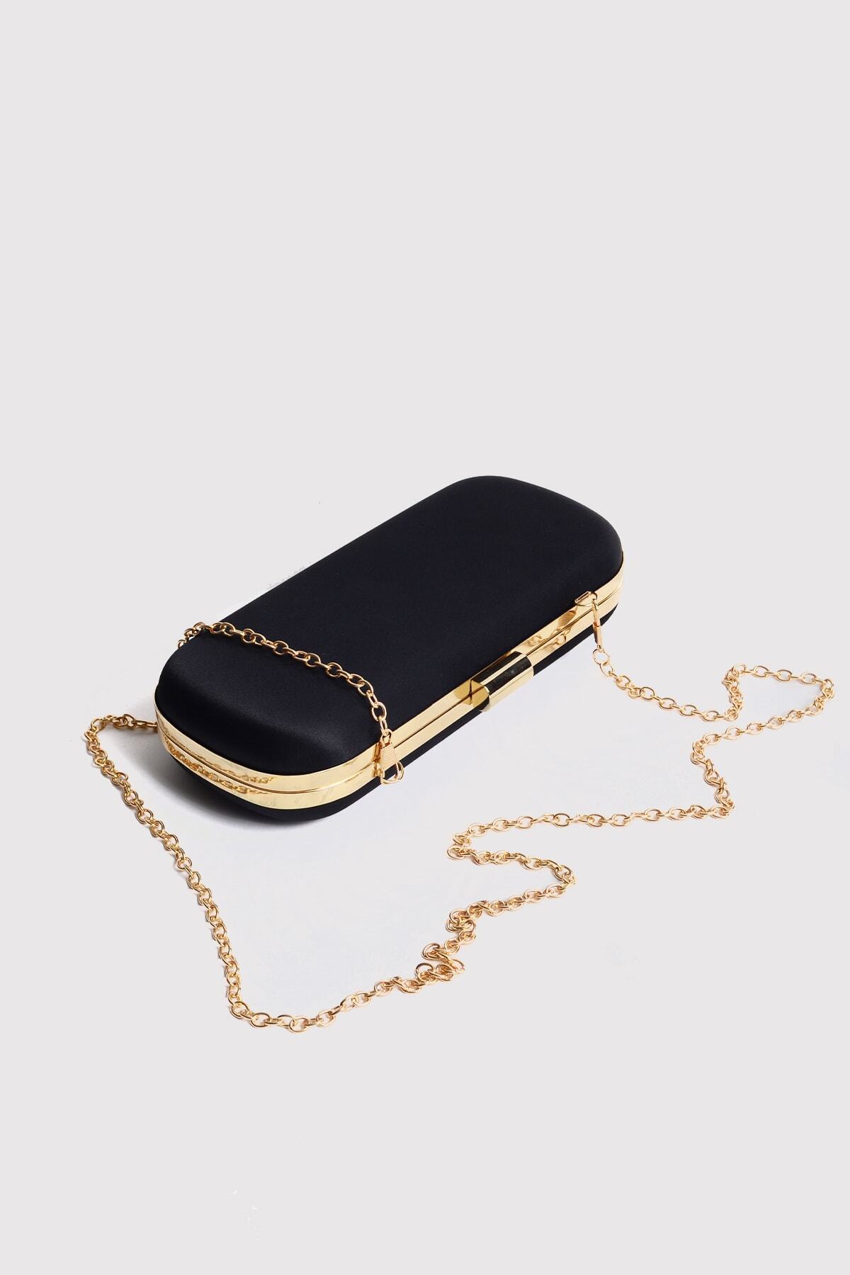 Atelier Nord Siyah Kadın Saten Gold Kapaklı Clutch Abiye Çanta görsel 5