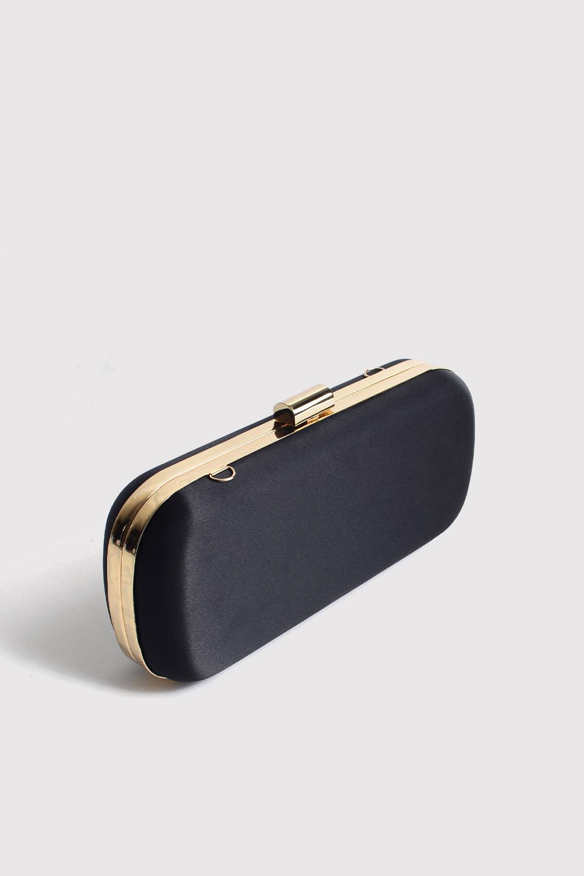 Atelier Nord Siyah Kadın Saten Gold Kapaklı Clutch Abiye Çanta görsel 2