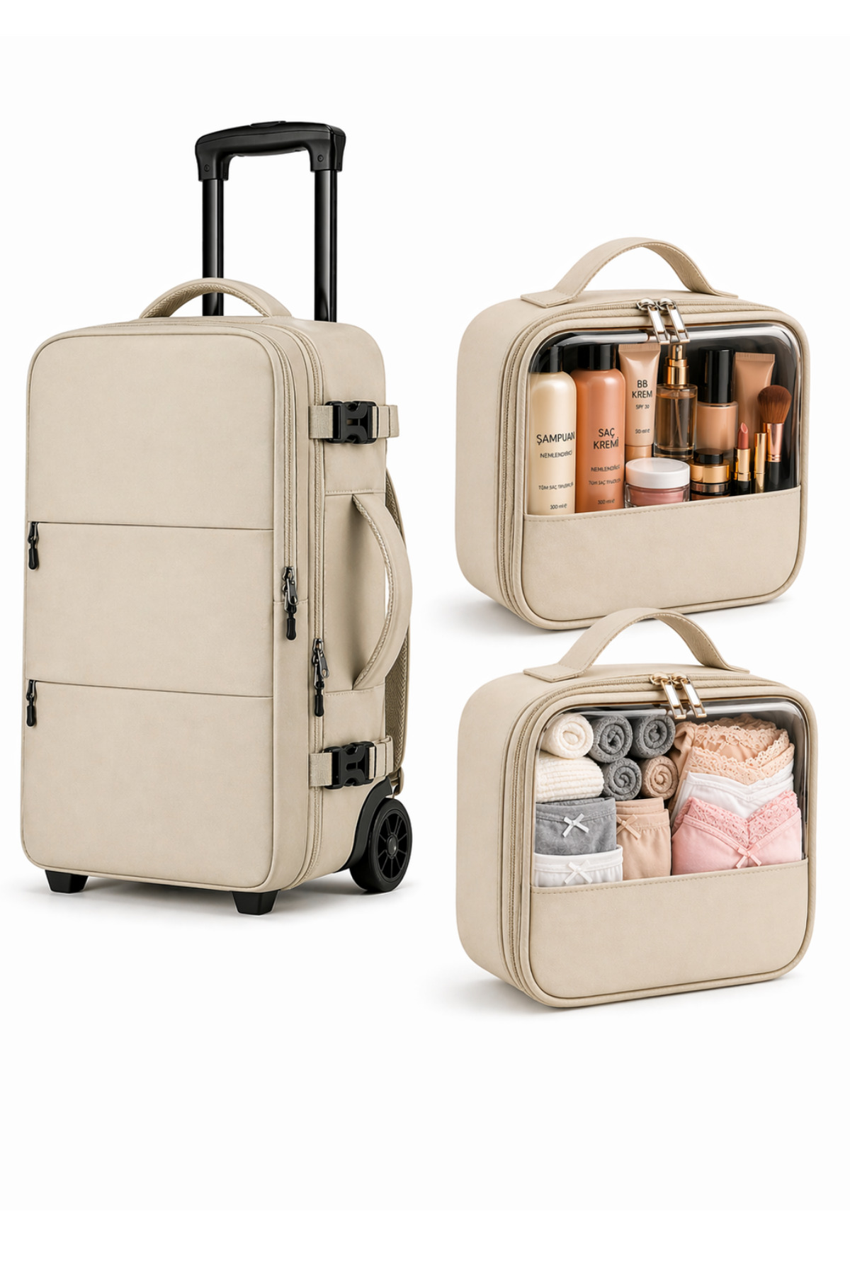 3-PIECE SET 2-Wheel Rickshaw Backpack - Cabin Size Travel Backpack - Suitable for Flight - 2 Years Warranty