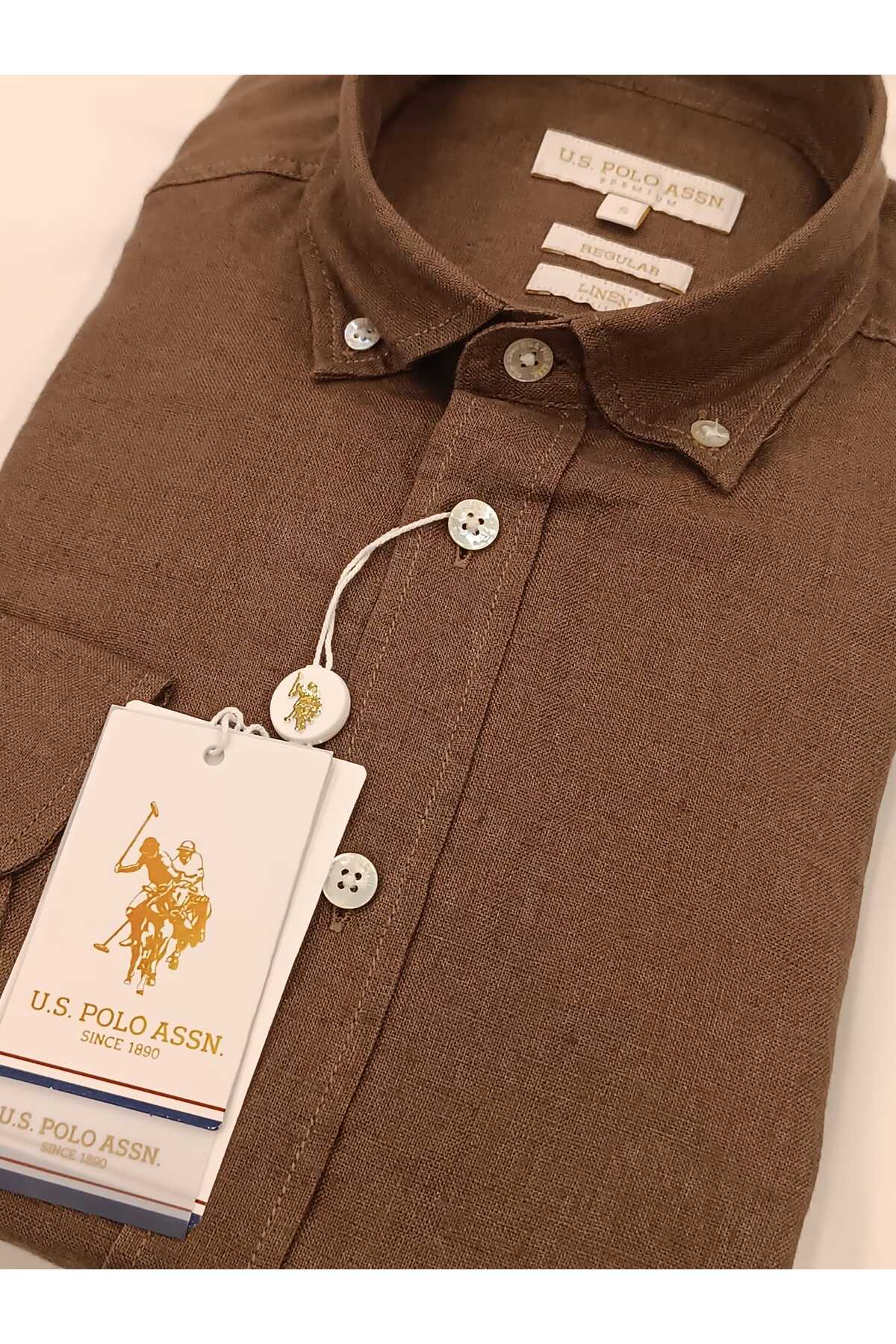 U.S. POLO ASSN ERKEK PREMİUM KETEN KUMAŞ REGULAR KAHVE GÖMLEK — قهوه‌ای 8790 — تصویر 2 از 4