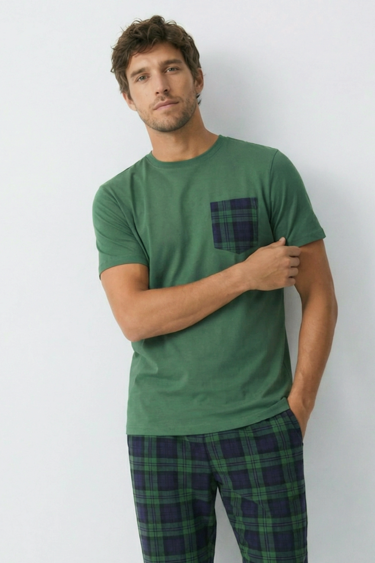 Gentleman Touch 100% Cotton Men's Short Collar Plaid Pajamas Set