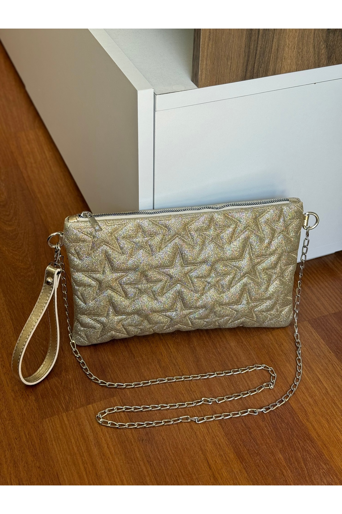 Bagnest Yıldız Nakışlı Zincir Askılı Simli Deri Portföy & Clutch Çanta görsel 4