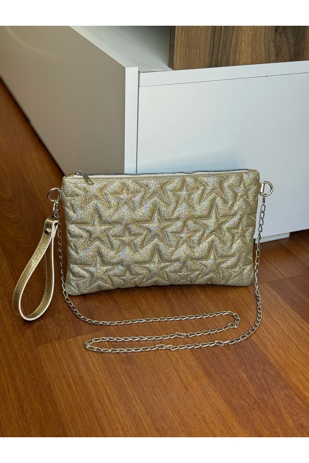 Bagnest Yıldız Nakışlı Zincir Askılı Simli Deri Portföy & Clutch Çanta görsel 2