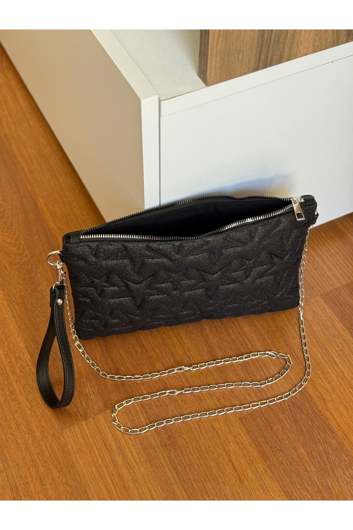 Bagnest Yıldız Nakışlı Zincir Askılı Simli Deri Portföy & Clutch Çanta görsel 6