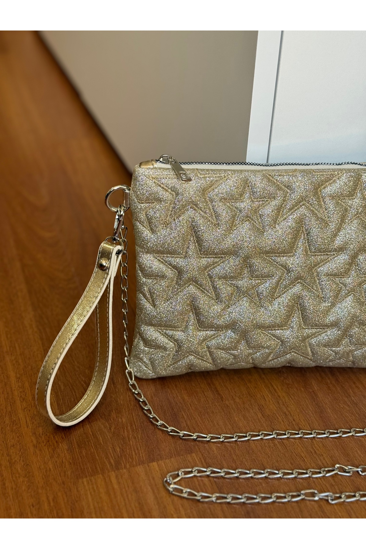 Bagnest Yıldız Nakışlı Zincir Askılı Simli Deri Portföy & Clutch Çanta görsel 3