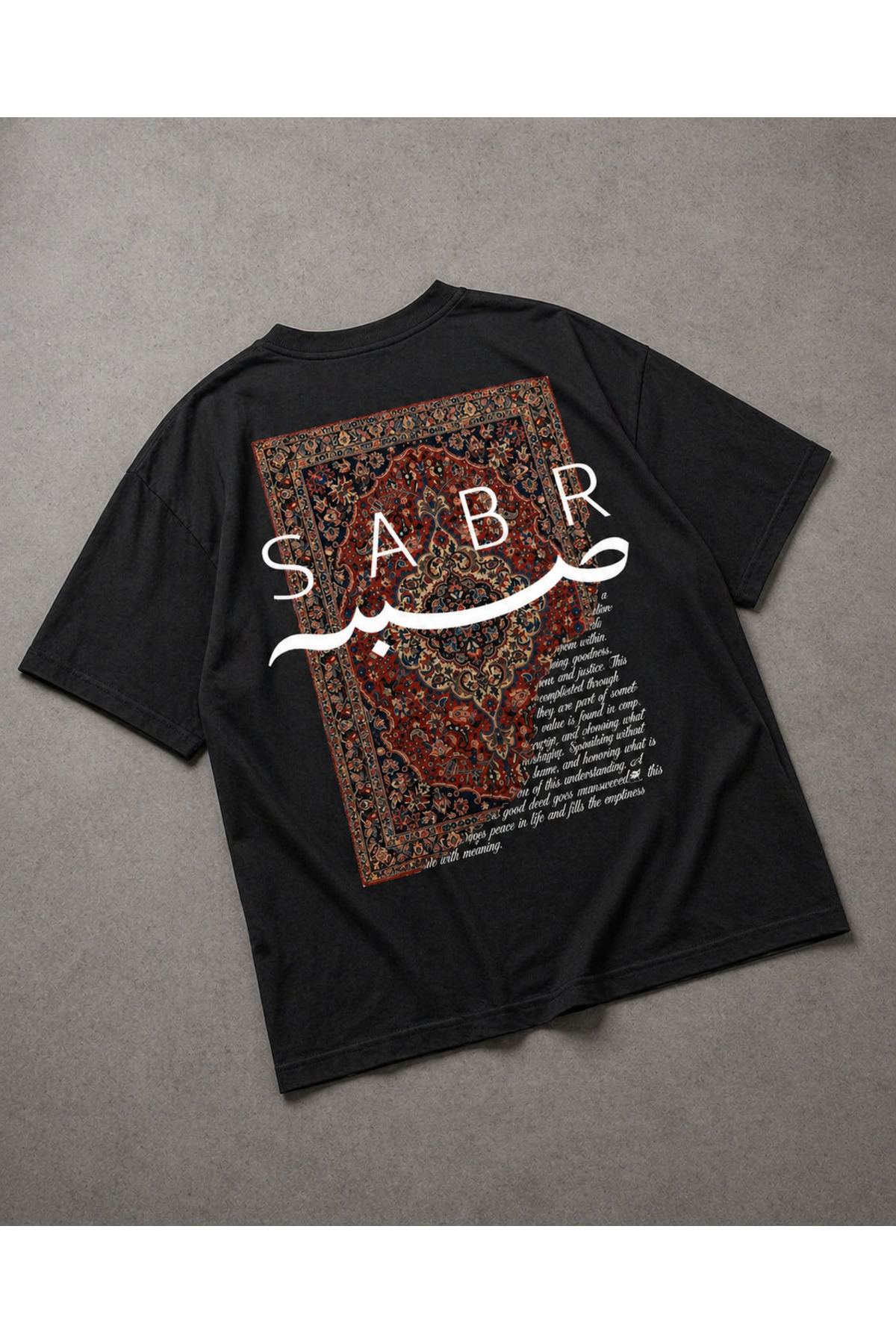 YOLO STREET Oversize Siyah Tişört Sabr Halı Desenli Arka Baskı Unisex Pamuk Streetwear görsel 2