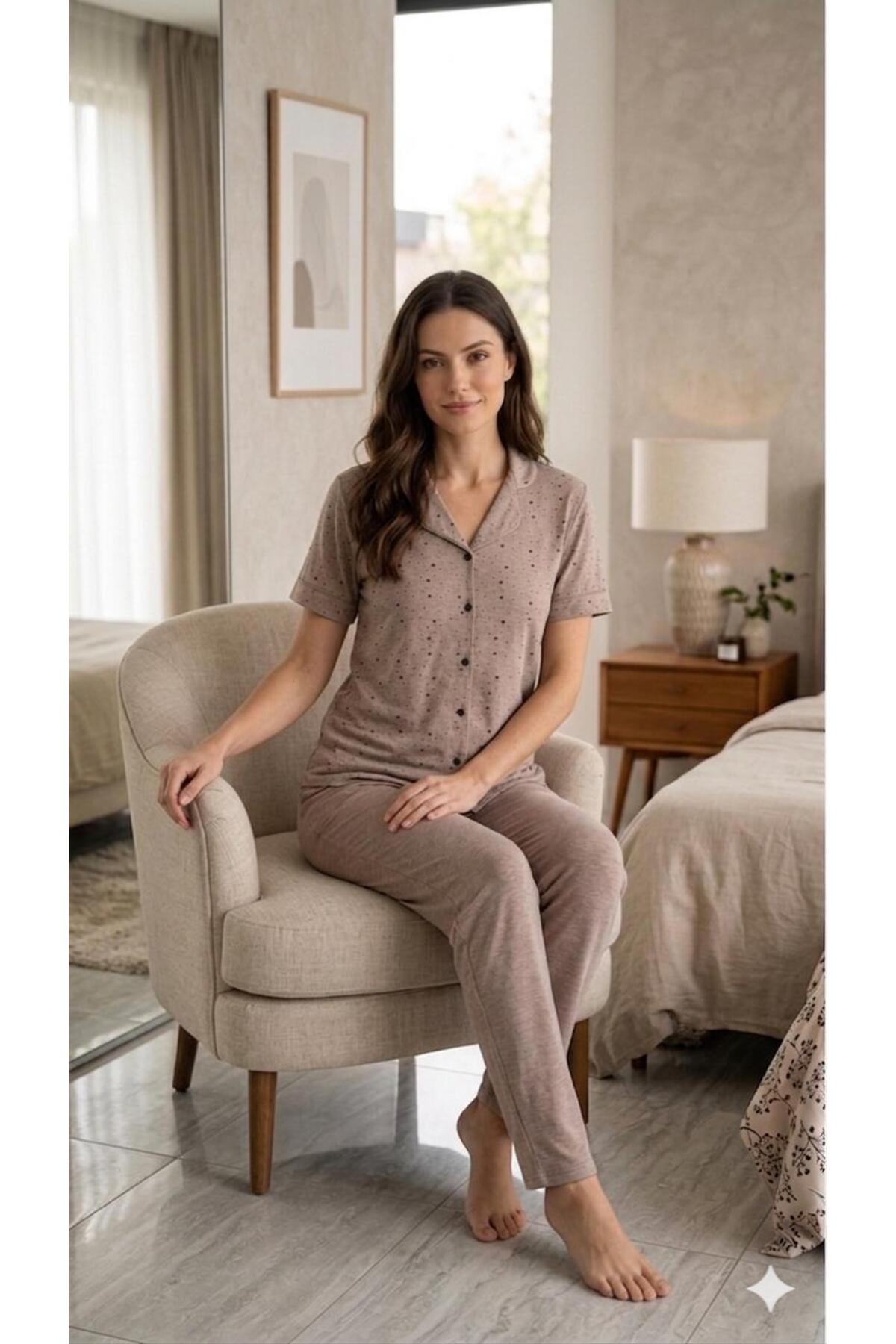 FAMES PİJAMA Summer Shirt Collar Buttoned Women's Pajama Set
