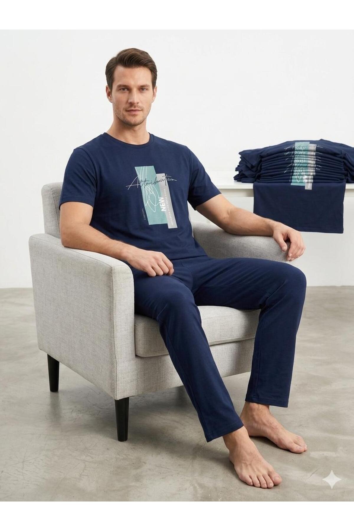 FAMES PİJAMA Summer Men's Dark Blue Combed Cotton Pajama Set
