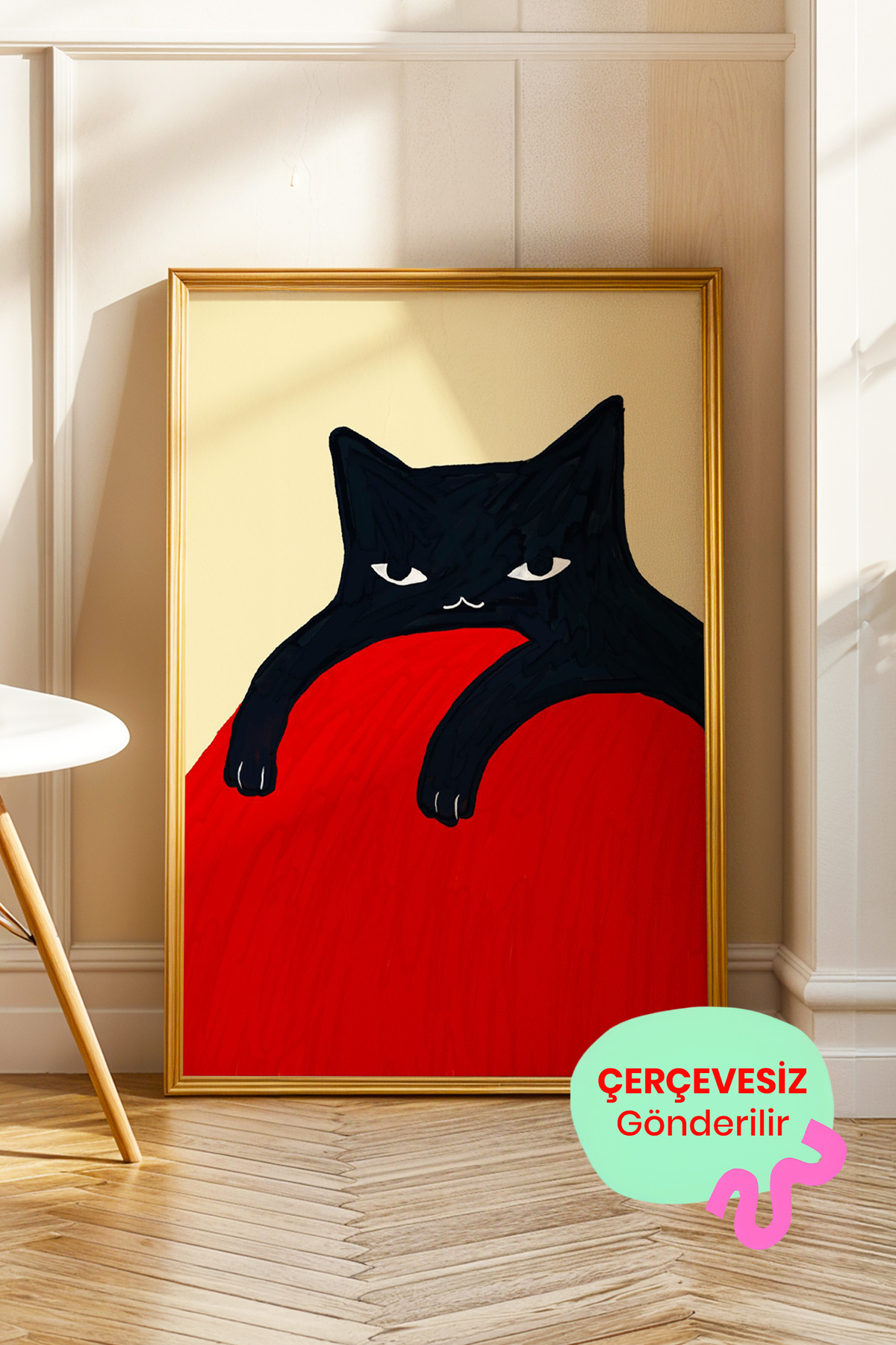 Siyah Kedi Tablo Poster Kırmızı Zemin Modern Sanat Duvar Dekoru Çerçevesiz