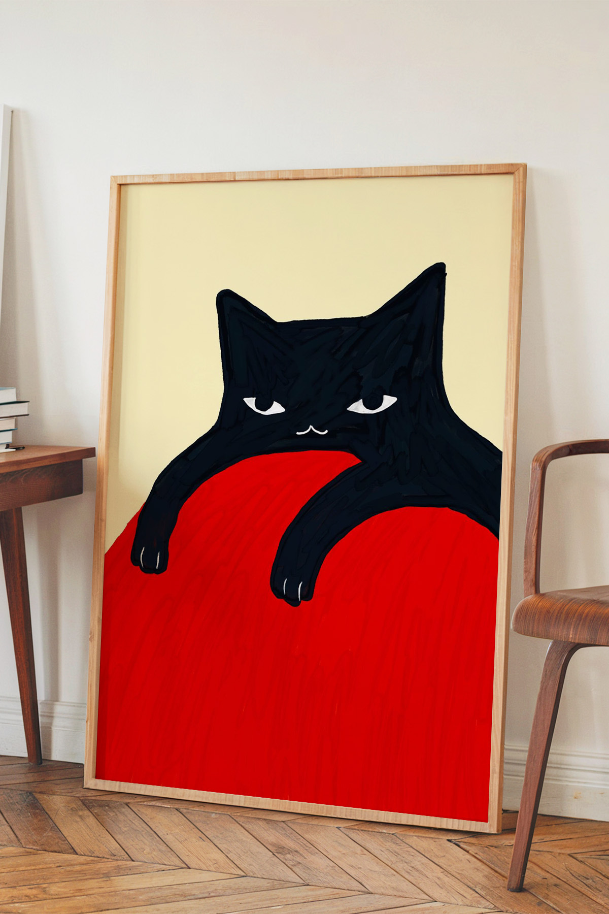 Siyah Kedi Tablo Poster Kırmızı Zemin Modern Sanat Duvar Dekoru Çerçevesiz