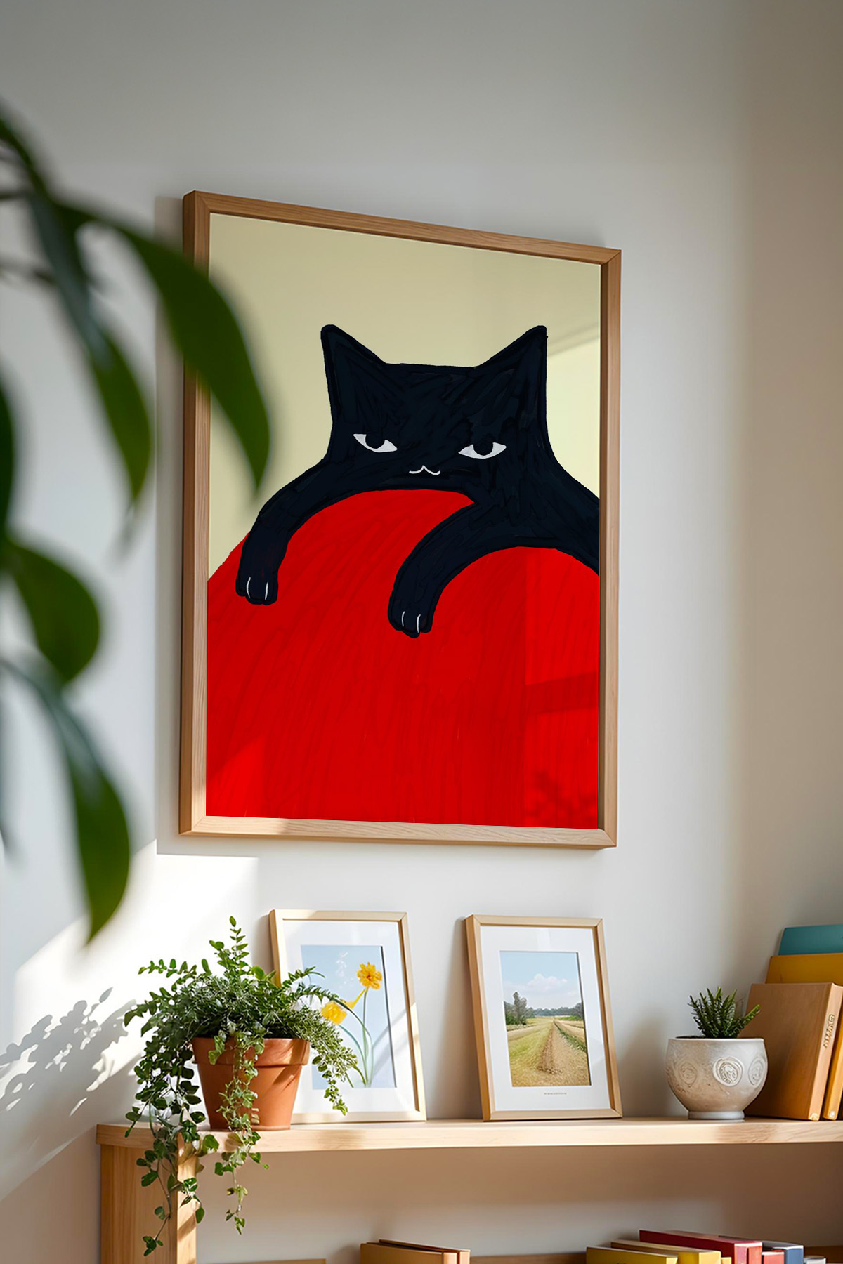 Siyah Kedi Tablo Poster Kırmızı Zemin Modern Sanat Duvar Dekoru Çerçevesiz