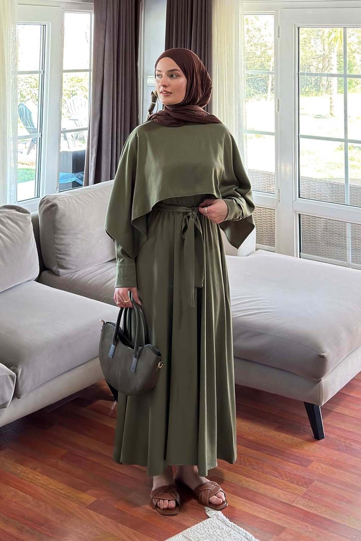 Lamelif Cape Detailed Dress Khaki