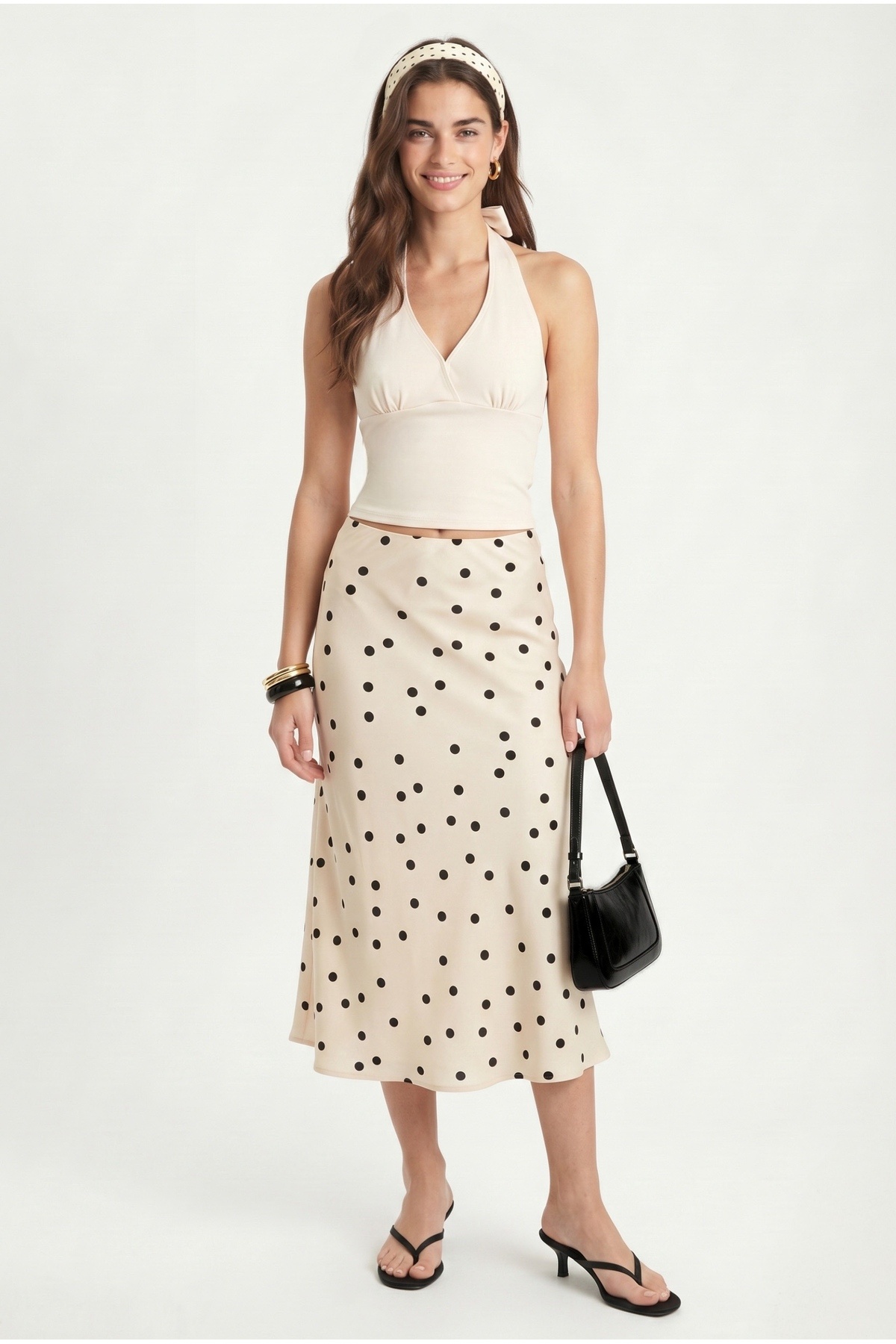 Women's Lunares Elastic Waist Polka Dot Midi Size Cream Viscose Satin Skirt