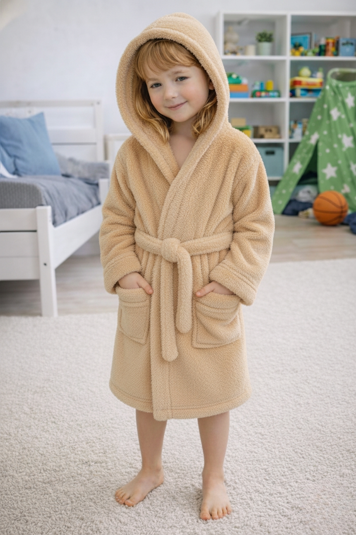 Luna Soft Girls / Boys Hooded Cotton Bathrobe Plush Dressing Gown | Wet Beige