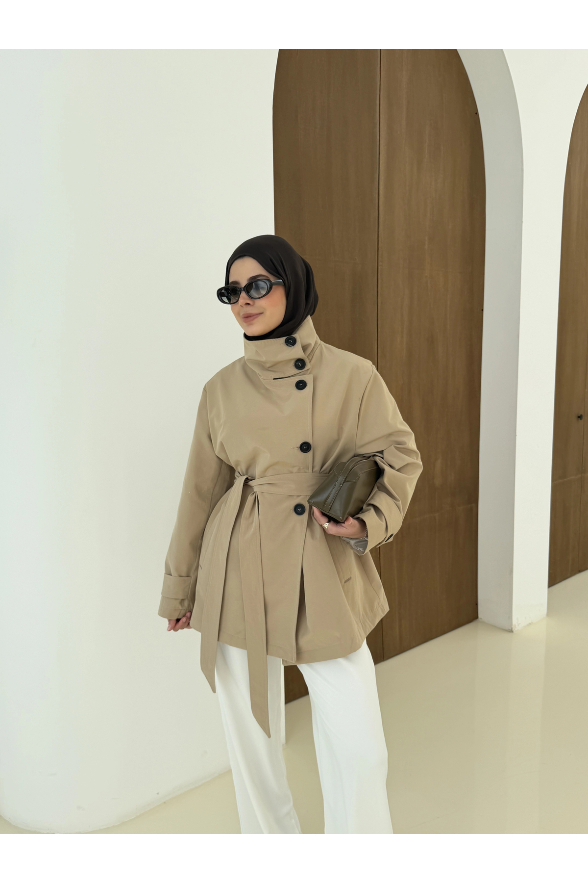 MODA AKSA 2093 Coton Mevsimlik Dik Yaka Trenç Bej görsel 5