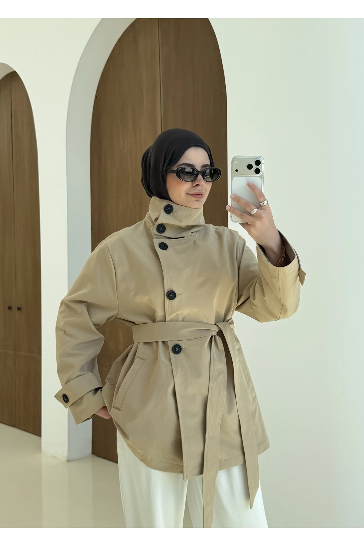 MODA AKSA 2093 Coton Mevsimlik Dik Yaka Trenç Bej görsel 4