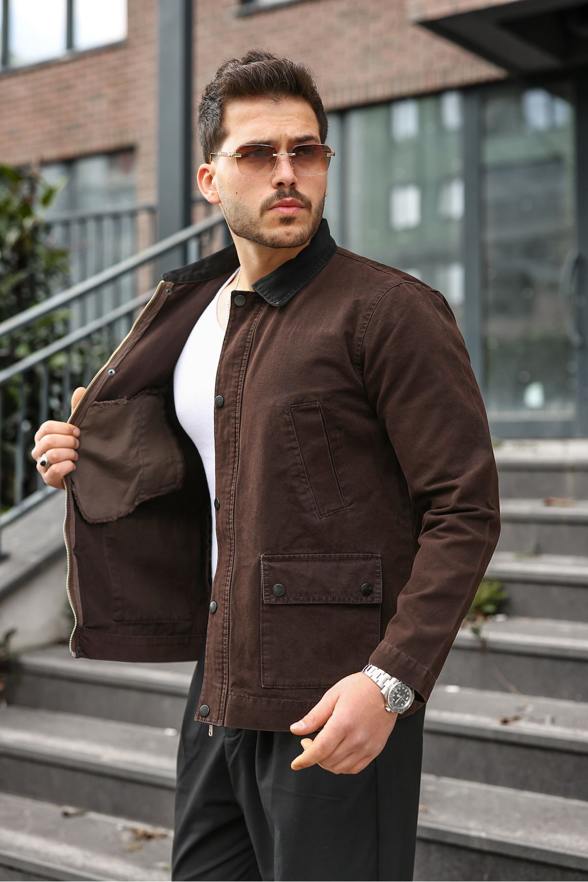 LTC Jeans Erkek Kahve Garni Yaka Spor Canvas Mont
