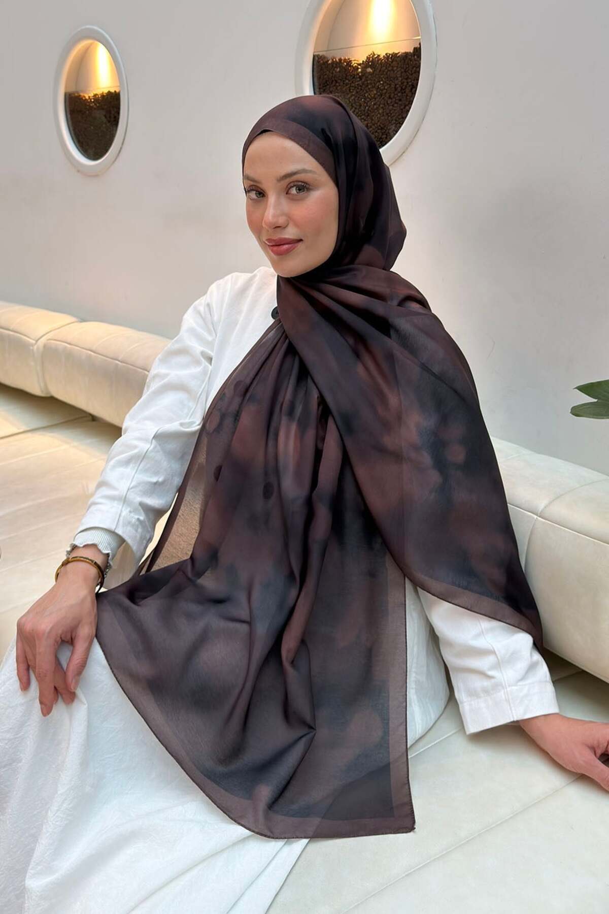 lamelif Batik Desen Soft Şal Koyu Kahve görsel 2