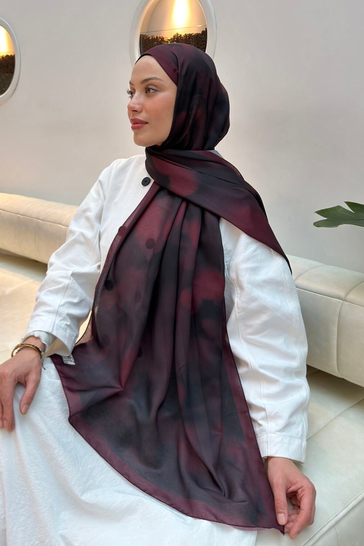 lamelif Batik Desen Soft Şal Bordo görsel 3