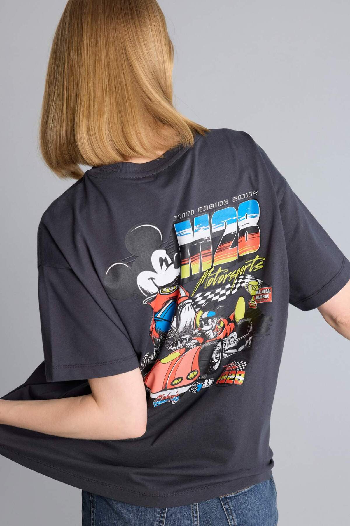 Defacto 0 Cotton Disney Mickey & Minnie Oversized Crew Neck Printed Short Sleeve Anthracite T-Shirt H6818Ax26Sm