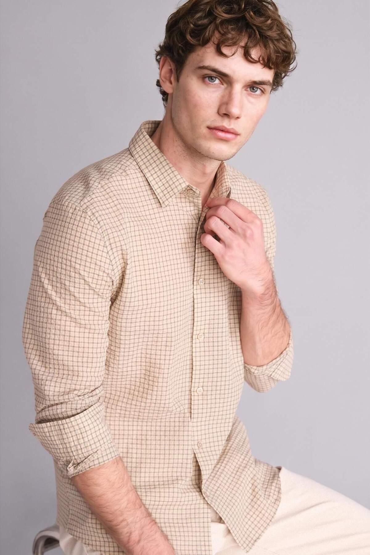 Defacto Modern Fit Shirt Collar Checkered Twill Long Sleeve Shirt G7430Ax26Sm